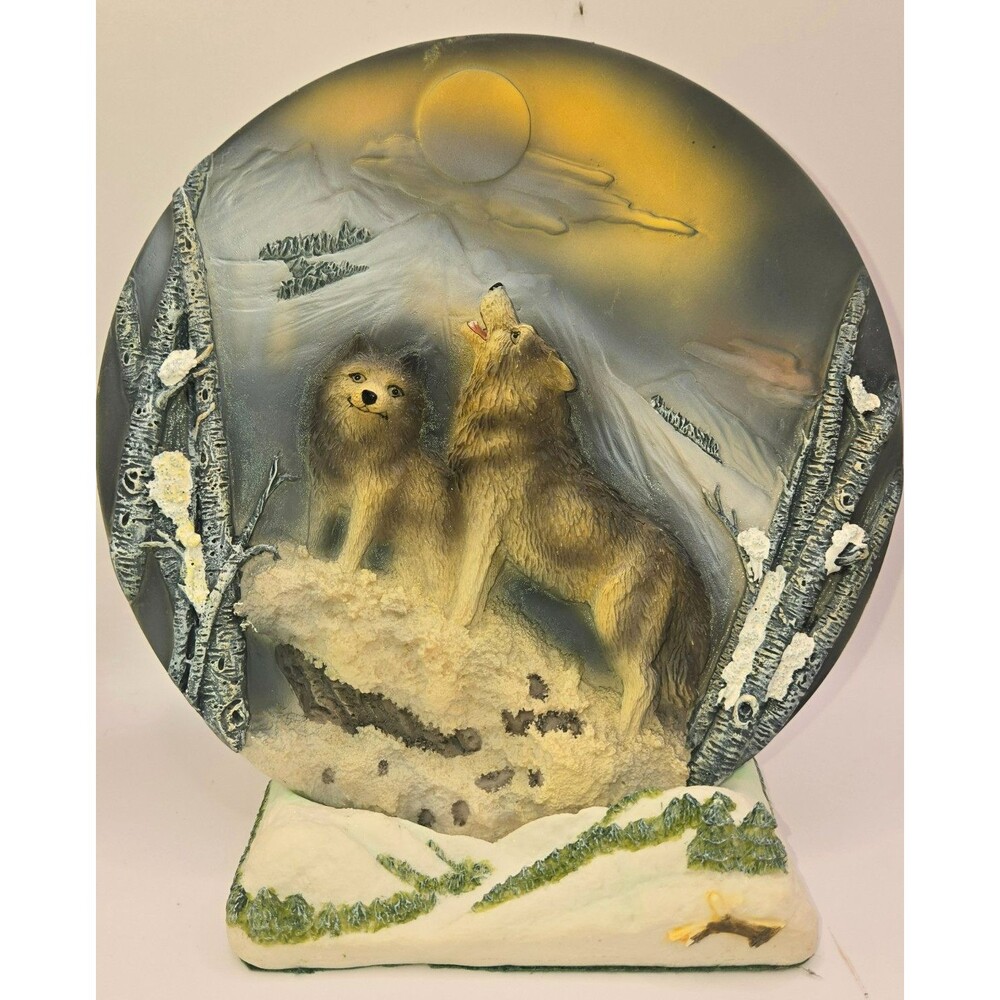 Vintage Ceramic 3D Howling Wolves Plaque Sculpture Tabletop Winter Scene Decor